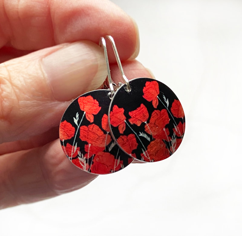 Poppy drop earrings, Red flowers, sterling silver ear wires, handmade UK