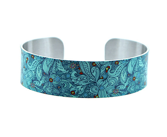 Teal bracelet, metal bangle, floral, personalised, handmade UK