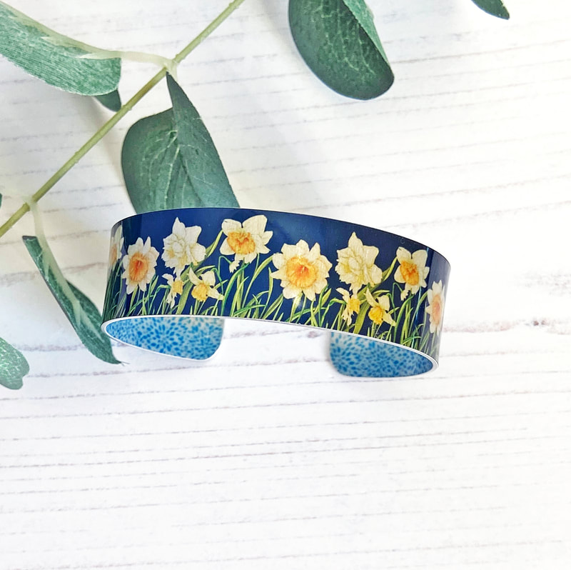 Daffodil bracelet, metal bangle, yellow, navy blue, personalised, handmade UK
