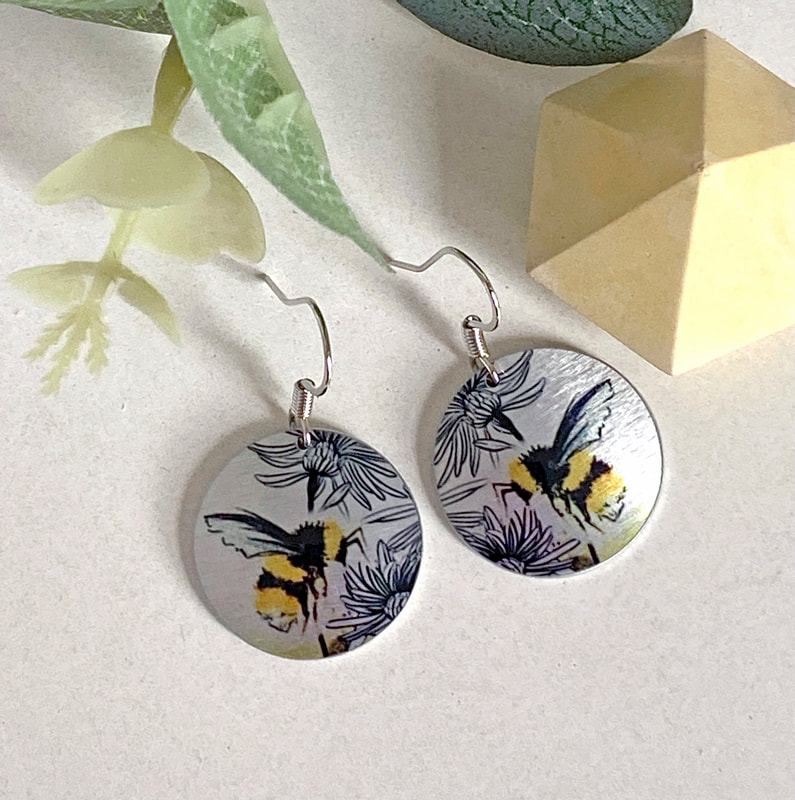 Bee drop earrings, sterling silver ear wires, handmade UK