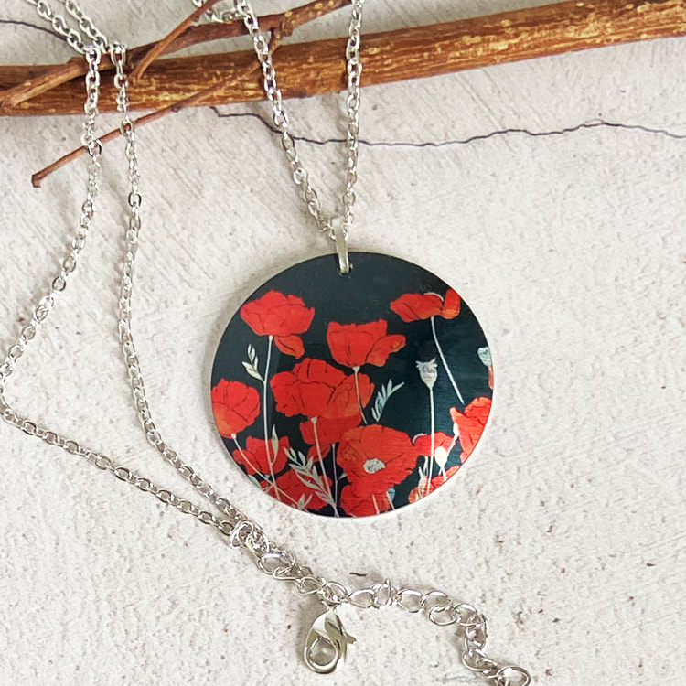 Poppy necklace pendant, red flowers, handmade UK