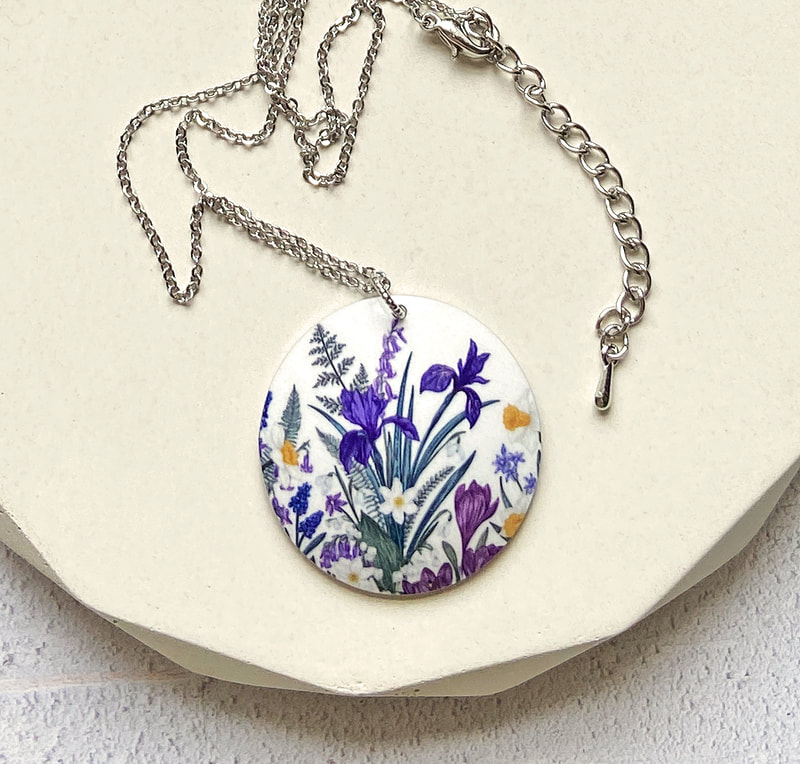 Iris, flowers, pendant, necklace, spring, handmade UK